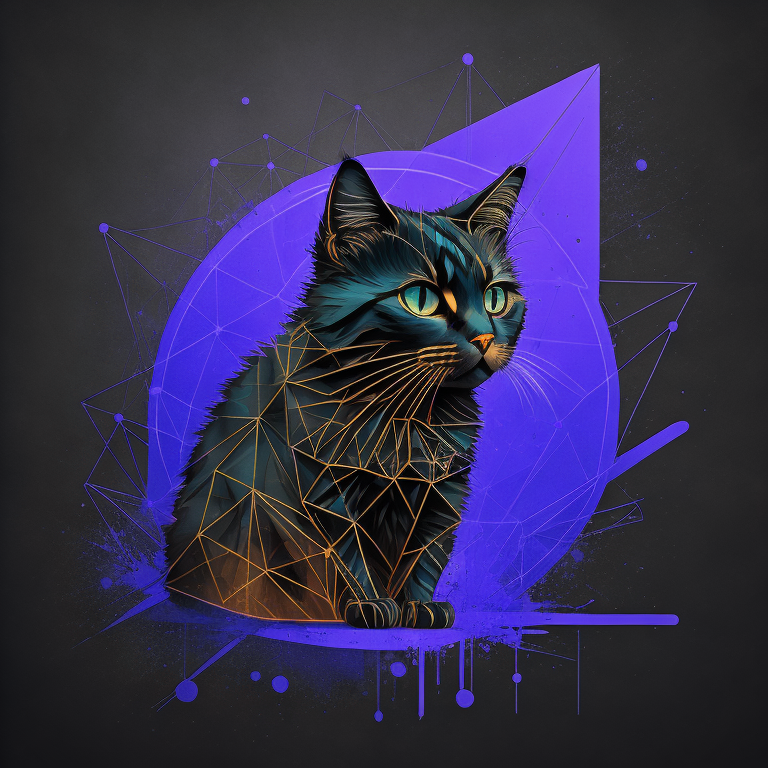 Apache cat main logo. Black and orange geo artistic cat with blue paint splatter in the background.