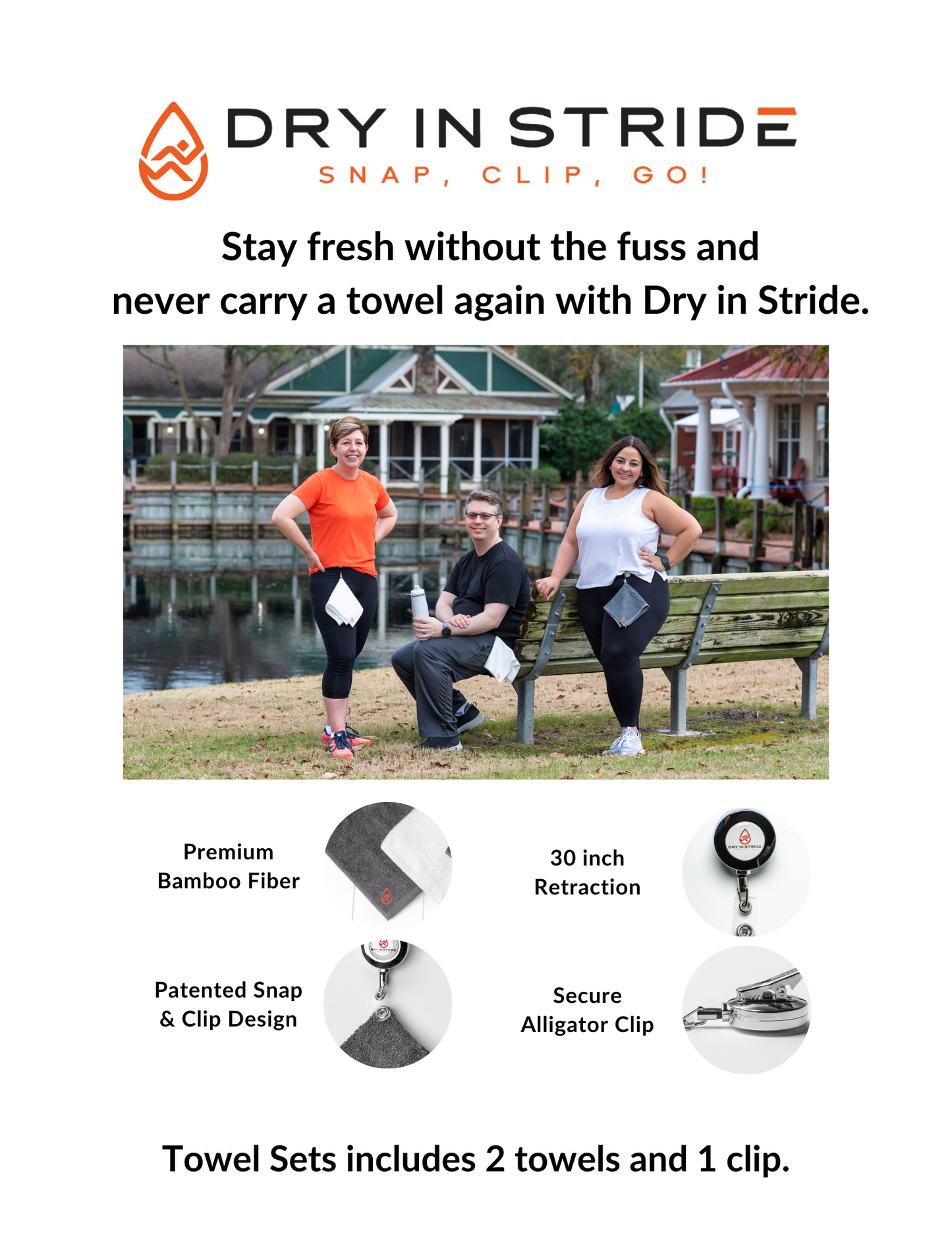 A brochure showing three people with the towel clipped to their hip. Two women standing and one man sitting on a park bench.