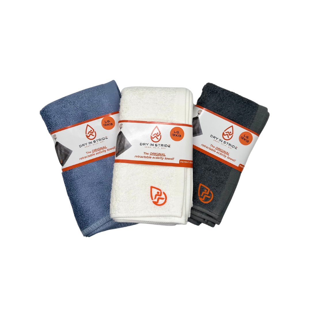 Large towels in blue, white and grey.