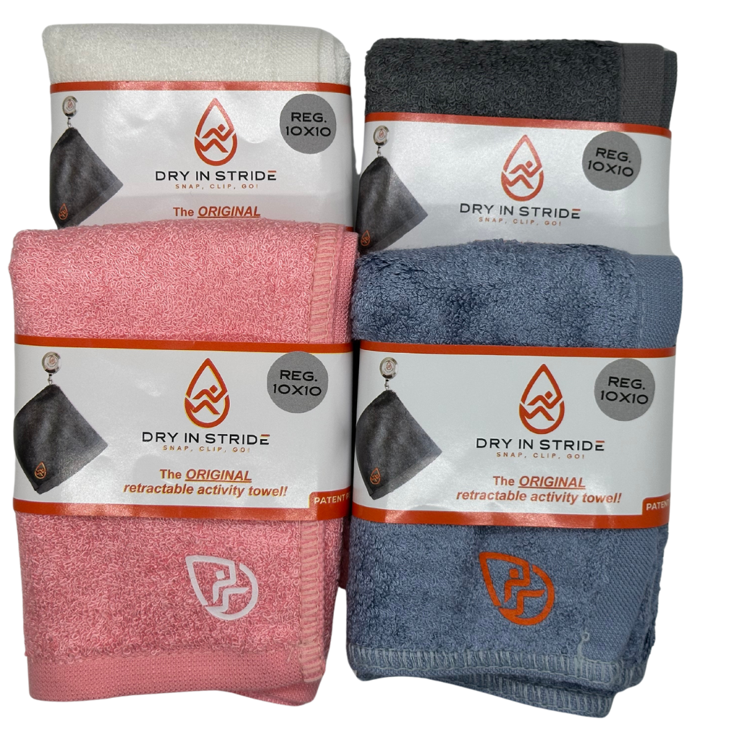 The colors of towels available, white, grey pink and blue.