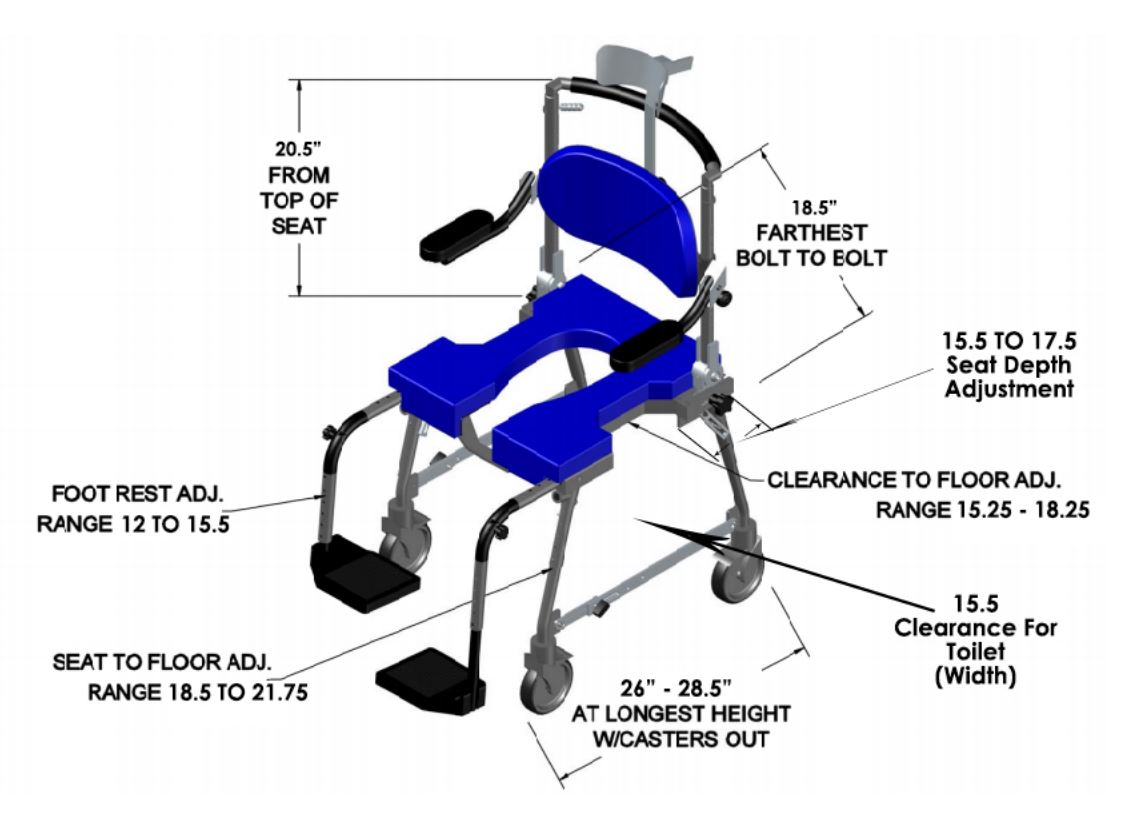 GO-ANYWHERE COMMODE 'N SHOWER CHAIR - ADJUSTABLE (CS-A) dimensions