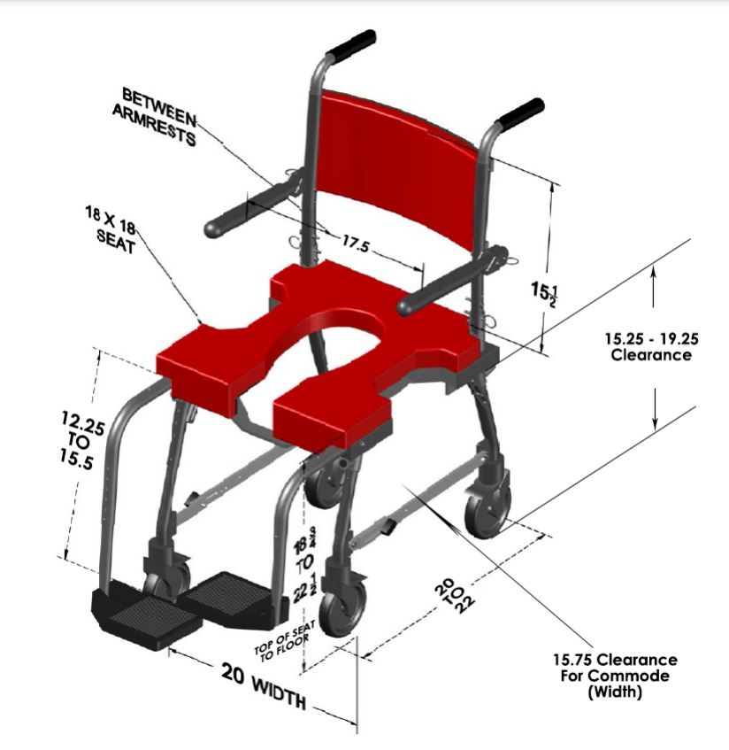 Buy Portable Rolling Shower Commode Chair - Go Mobility Solutions dimensions