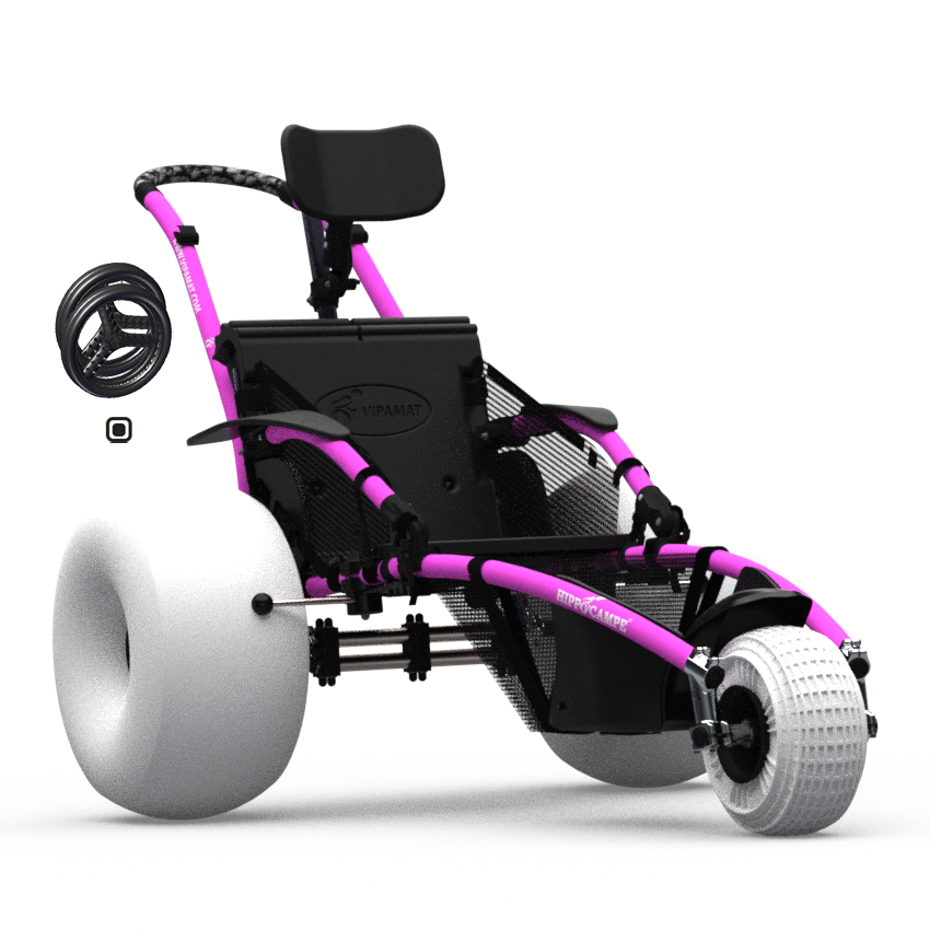 Beach and All-terrain Hippocampe Chair pink with balloon wheels, arm rests, arm rest nets, head rest, footwell infill net