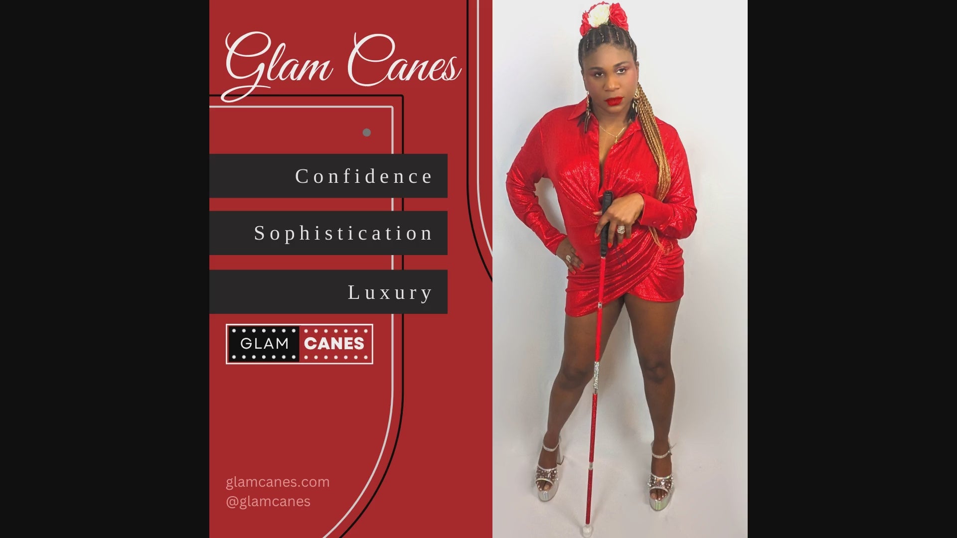 An audio recording with the image of a custom red cane to match the woman's red outfit and accessories.