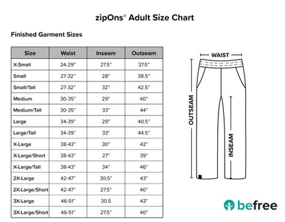 Befree Adaptive Pants size chart