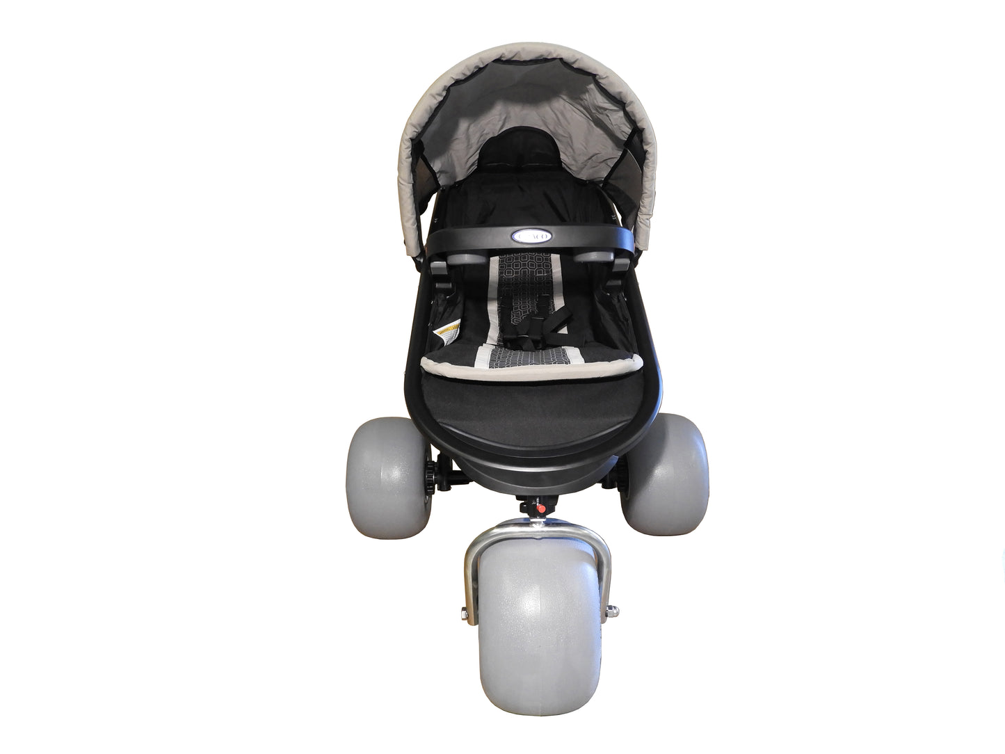 Black and gray baby stroller on a white background