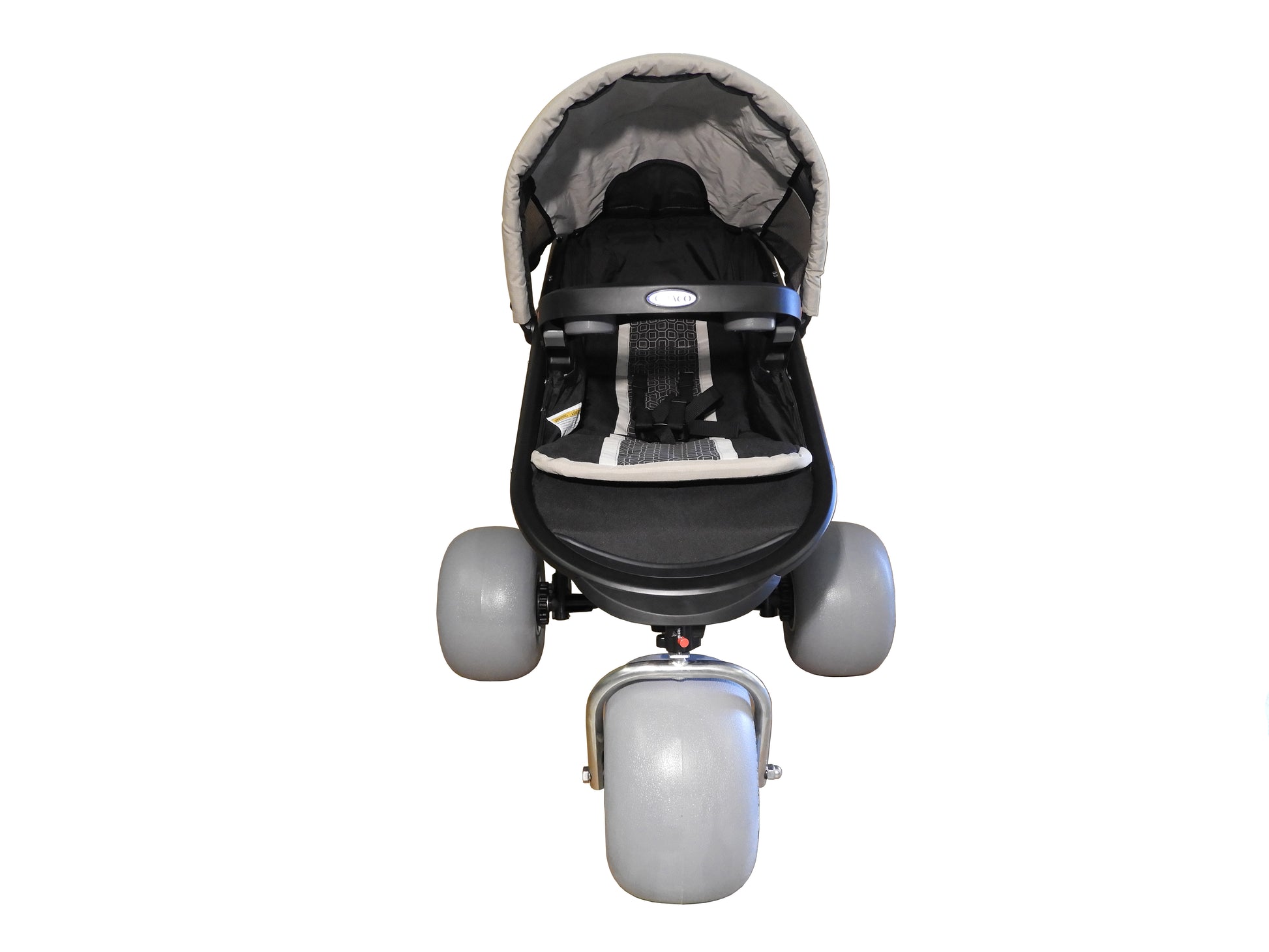 Black and gray baby stroller on a white background