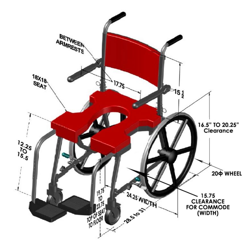 GO-ANYWHERE COMMODE 'N SHOWER CHAIR - SELF-PROPEL (SP) dimensions