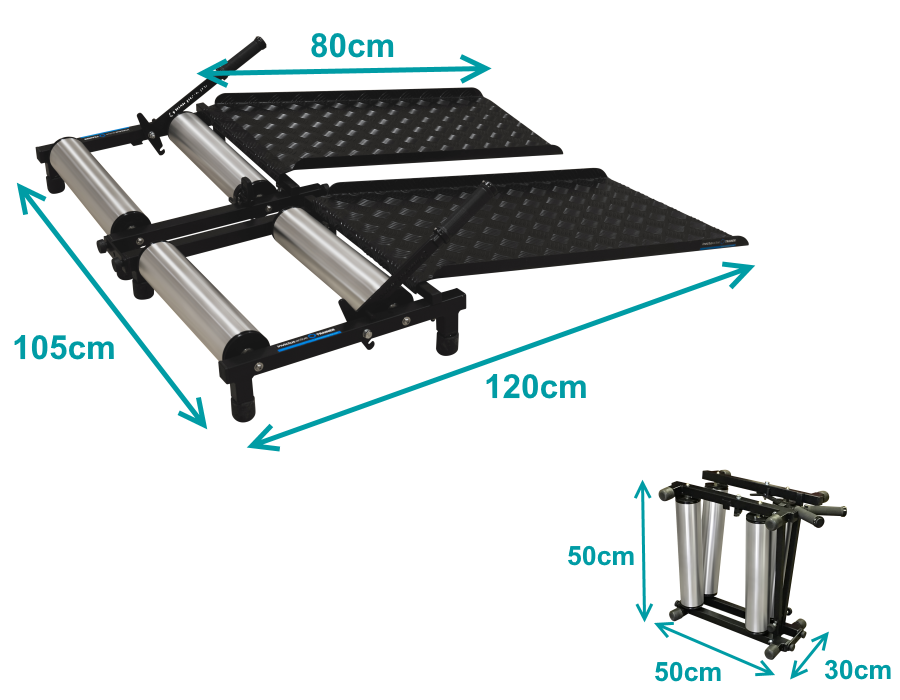 Invictus Active Trainer dimensions 80cm plate length, 105cm wide, 120cm total length, 50x50x30cm when compact.