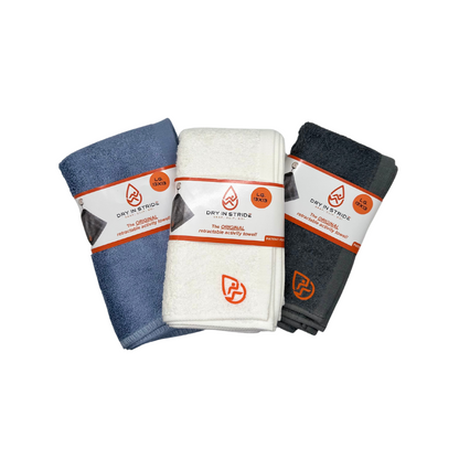 Large towels in blue, white and grey.