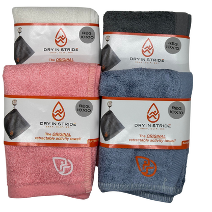 The colors of towels available, white, grey pink and blue.