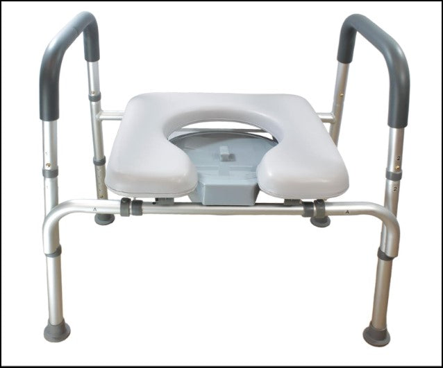 raised toilet seat with bucket and adjustable height.