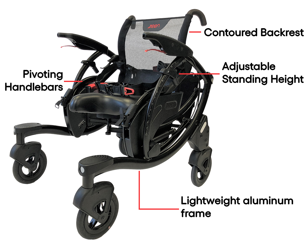 Zeen opened with annotations for the pivoting handlebars, adjustable standing height, contoured backrest.