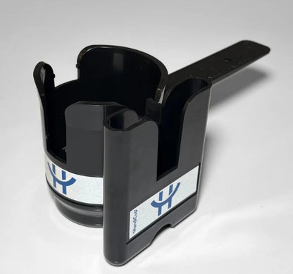 Phone holder attached to the wheelchair cup holder in the color black