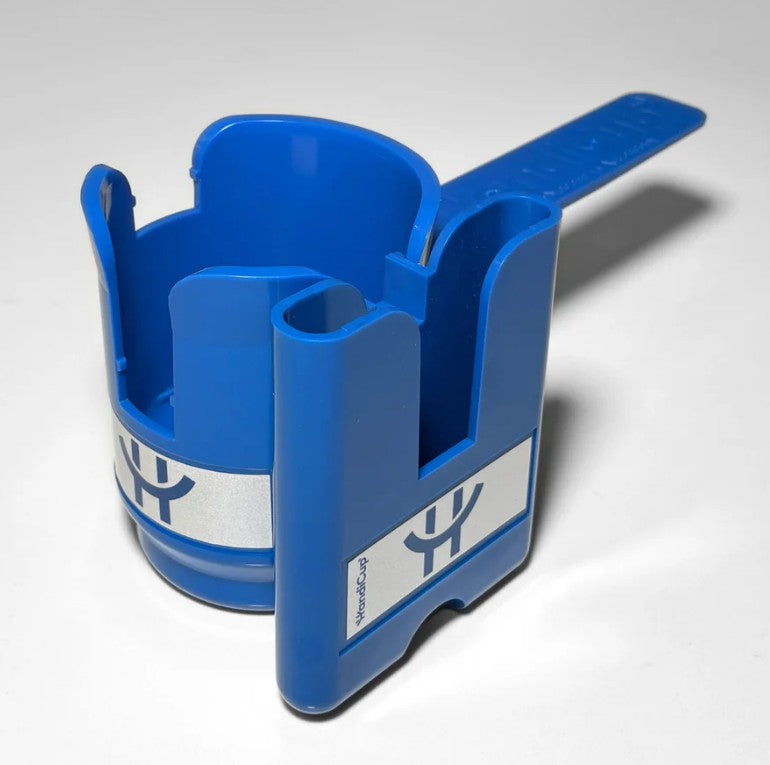 Phone holder attached to the wheelchair cup holder in the color blue