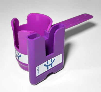 Phone holder attached to the wheelchair cup holder in the color purple