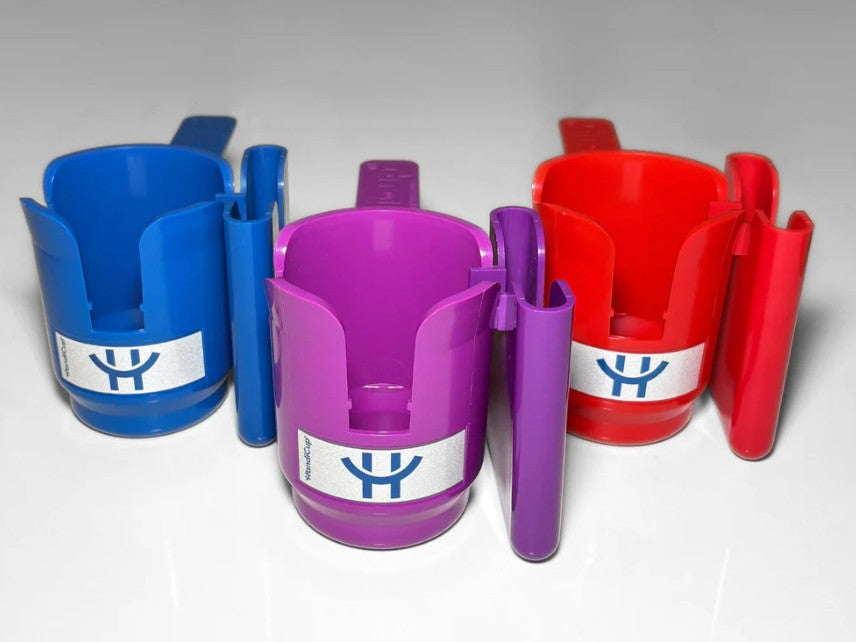 Phone holder attached to the wheelchair cup holder in the color red blue and purple