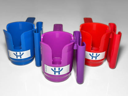 Phone holder attached to the wheelchair cup holder in the color red blue and purple