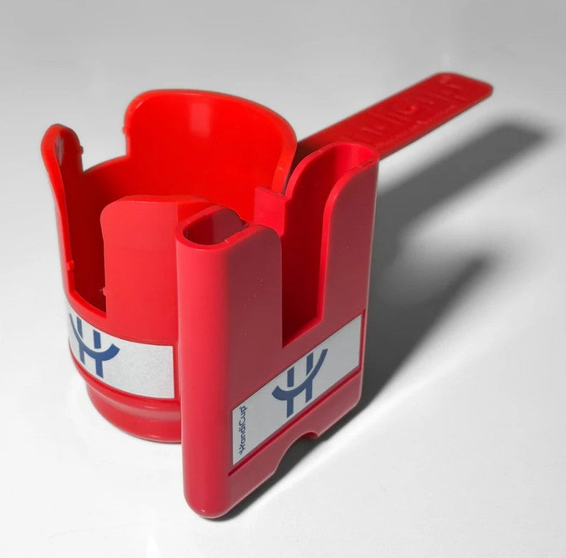 Phone holder attached to the wheelchair cup holder in the color red
