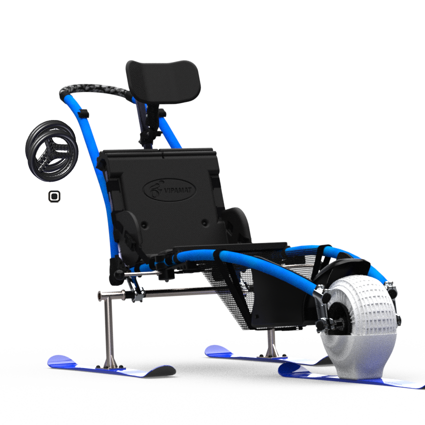 Beach and All-terrain Hippocampe Chair blue with skis in the front and back 