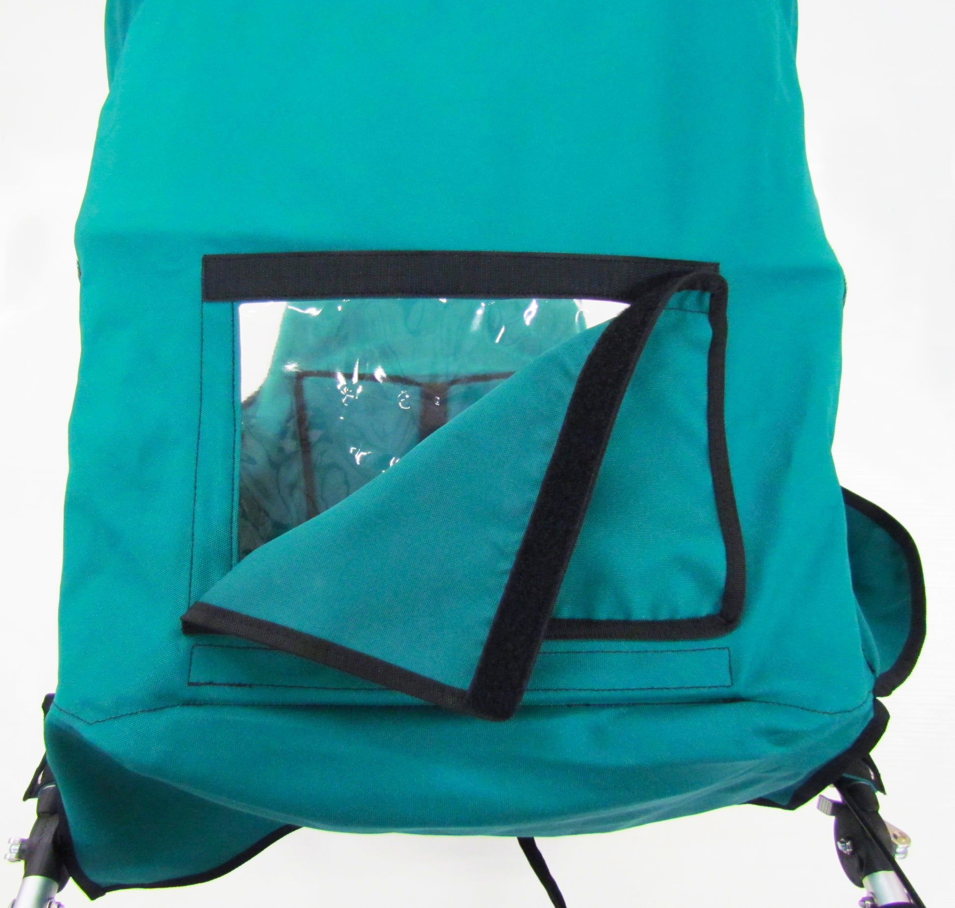 Teal backpack with a clear window on a white background