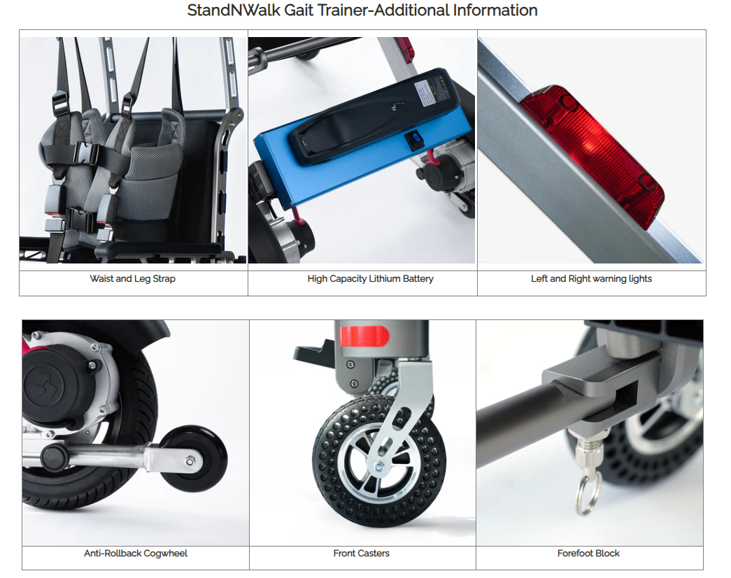 StandnWalk waist and leg strap, high capacity battery, left and right warning lights, anti-rollback cogwheel, front casters, forefoot block.