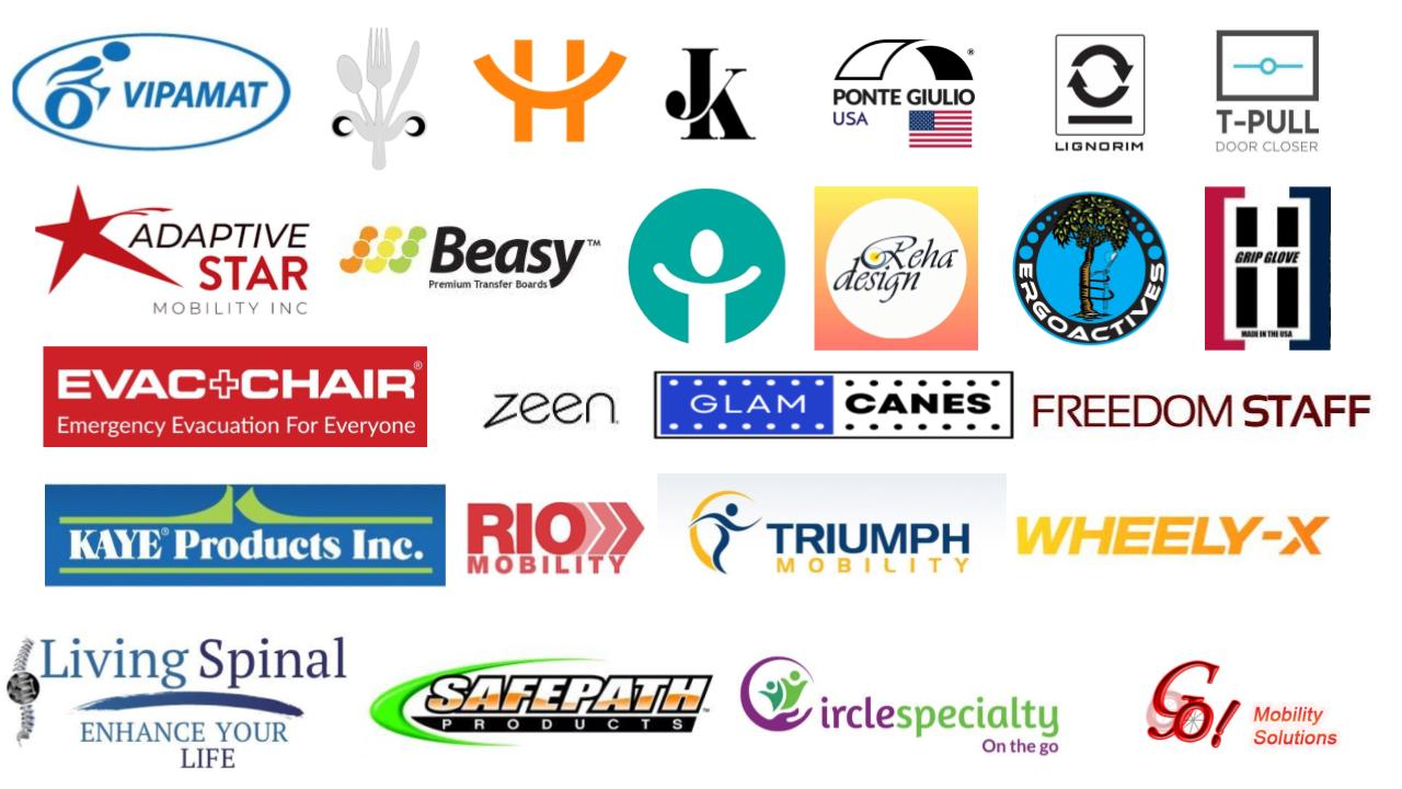 all suppliers listed, VIPAMAT, Dining with Dignity, HandiCup, Jacqueline Kent, Ponte Giulio, Lignorim, T-Pull, Adaptive Star, Beasy, BeFree, Rehadesign, Ergoactives, Grip Gloves, Evac Chair, Zeen, Glam Canes, Freedom Staff, Kaye Products, Rio Mobility, Triumph Mobility, Wheely-X, Living Spinal, Safepath Products, Circle Specialty, Go Mobility Solutions