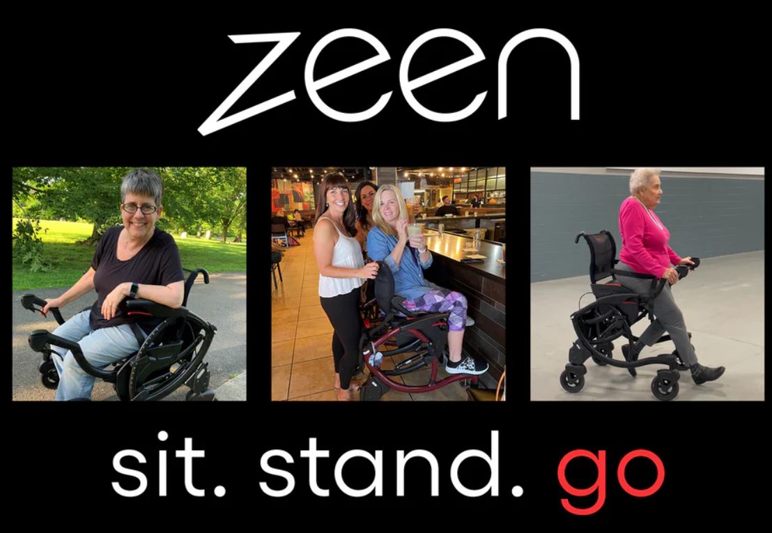 three pictures of zeen in use, sitting and walking